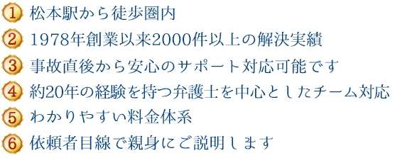 (1)新潟県内５拠点＋東京、長野で対応可能 (2)1978年創設以来600件以上の解決実績 (3)事故直後から安心のサポート対応が可能です (4)約20年の経験を持つ弁護士を中心としたチーム対応 (5)わかりやすい料金体系 (6)依頼者目線で親身にご説明します