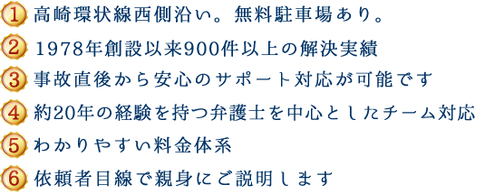 (1)高崎環状線西側沿い。無料駐車場あり。(2)1978年創設以来700件以上の解決実績 (3)事故直後から安心のサポート対応が可能です (4)約20年の経験を持つ弁護士を中心としたチーム対応 (5)わかりやすい料金体系 (6)依頼者目線で親身にご説明します