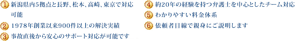 (1)新潟県内５拠点＋東京、長野、高崎で対応可能 (2)1978年創設以来600件以上の解決実績 (3)事故直後から安心のサポート対応が可能です (4)約20年の経験を持つ弁護士を中心としたチーム対応 (5)わかりやすい料金体系 (6)依頼者目線で親身にご説明します