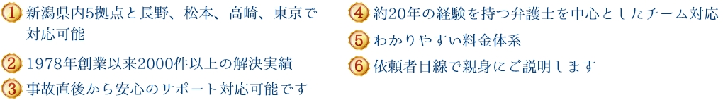 (1)新潟県内５拠点＋長野、松本、高崎、東京で対応可能 (2)1978年創設以来900件以上の解決実績 (3)事故直後から安心のサポート対応が可能です (4)約20年の経験を持つ弁護士を中心としたチーム対応 (5)わかりやすい料金体系 (6)依頼者目線で親身にご説明します