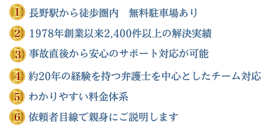 (1)長野駅から徒歩圏内　無料駐車場あり (2)1978年創設以来2400件以上の解決実績 (3)事故直後から安心のサポート対応が可能です (4)約20年の経験を持つ弁護士を中心としたチーム対応 (5)わかりやすい料金体系 (6)依頼者目線で親身にご説明します
